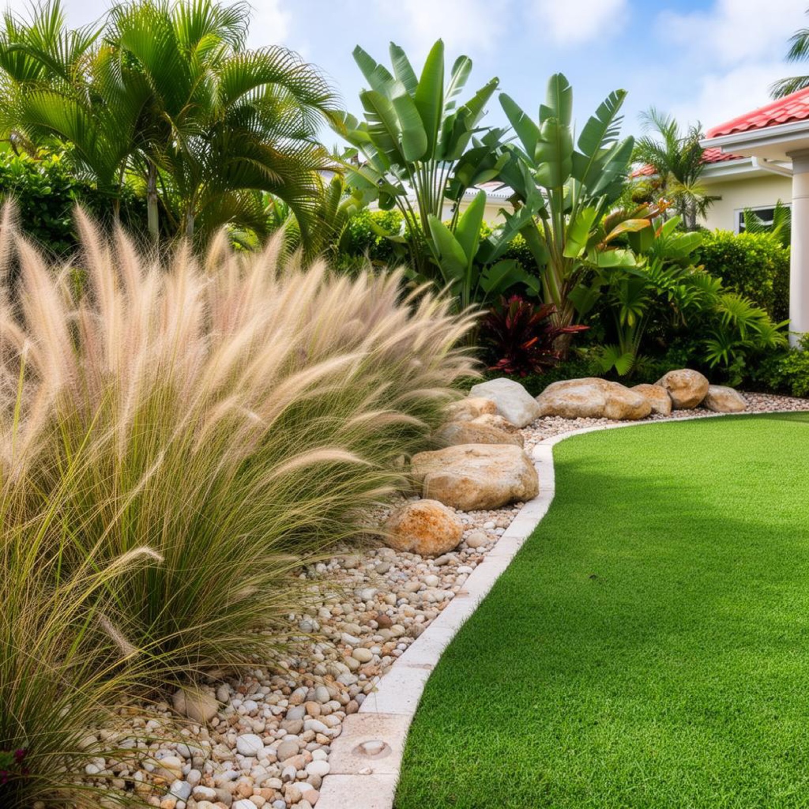 A landscaped tropical garden bed with ornamental grasses maintained by G&M in Kingston
