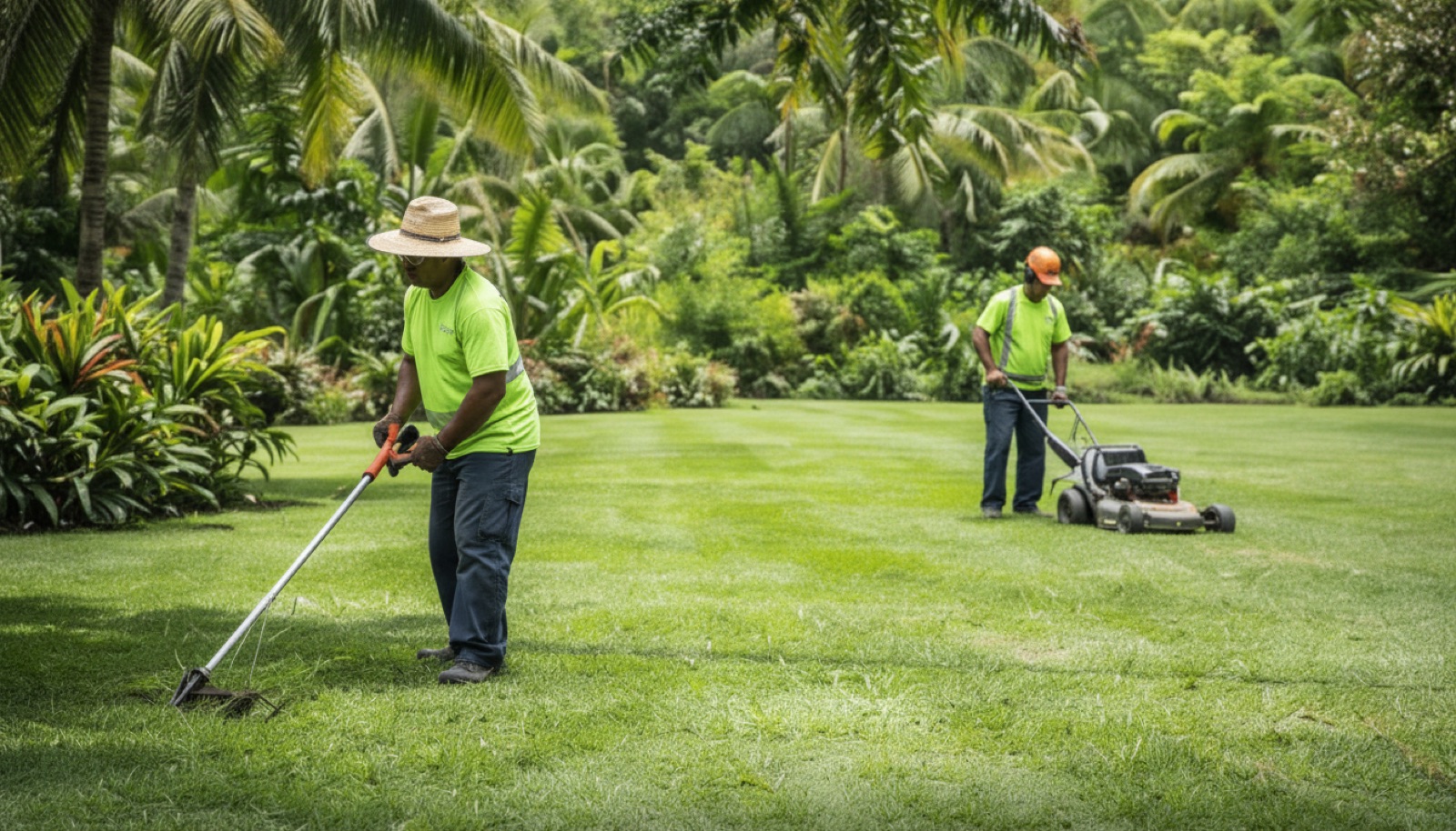 Two G&M crew members maintaining a lawn edged by tropical planting